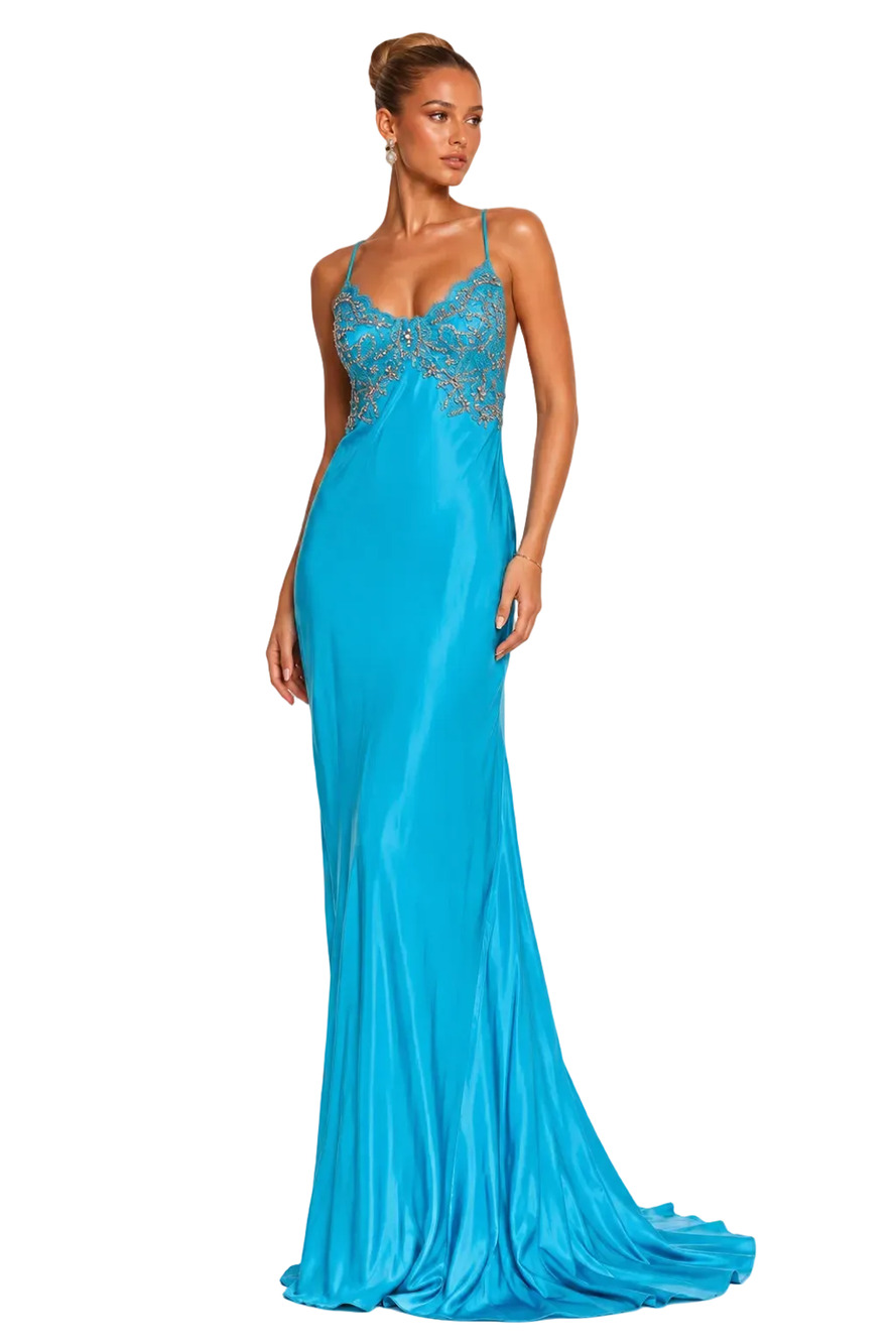 Portia & Scarlett PS23499 Blue Crystal Lace Open-Back Gown – Size 8 / Medium